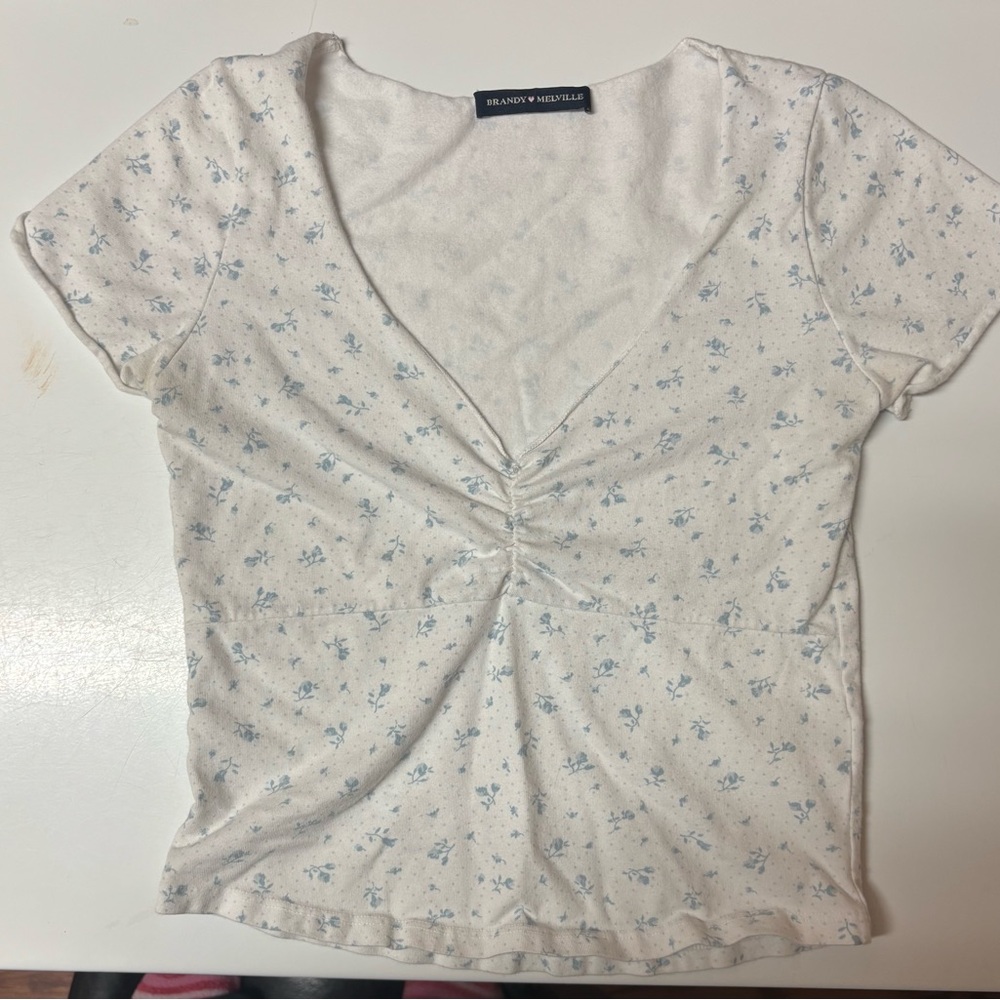 Brandy Melville Blue Floral Short Sleeve Tee